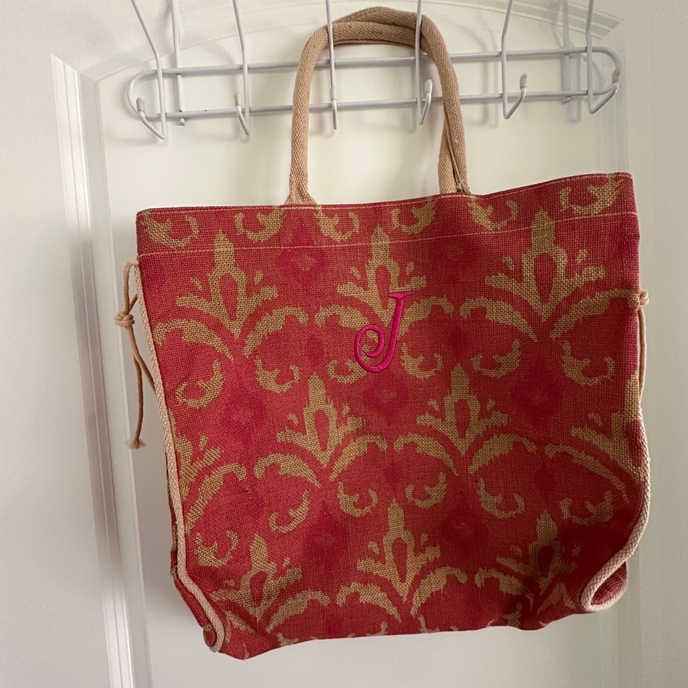 Initialed “J” Elegant Red and Tan Tote Bag